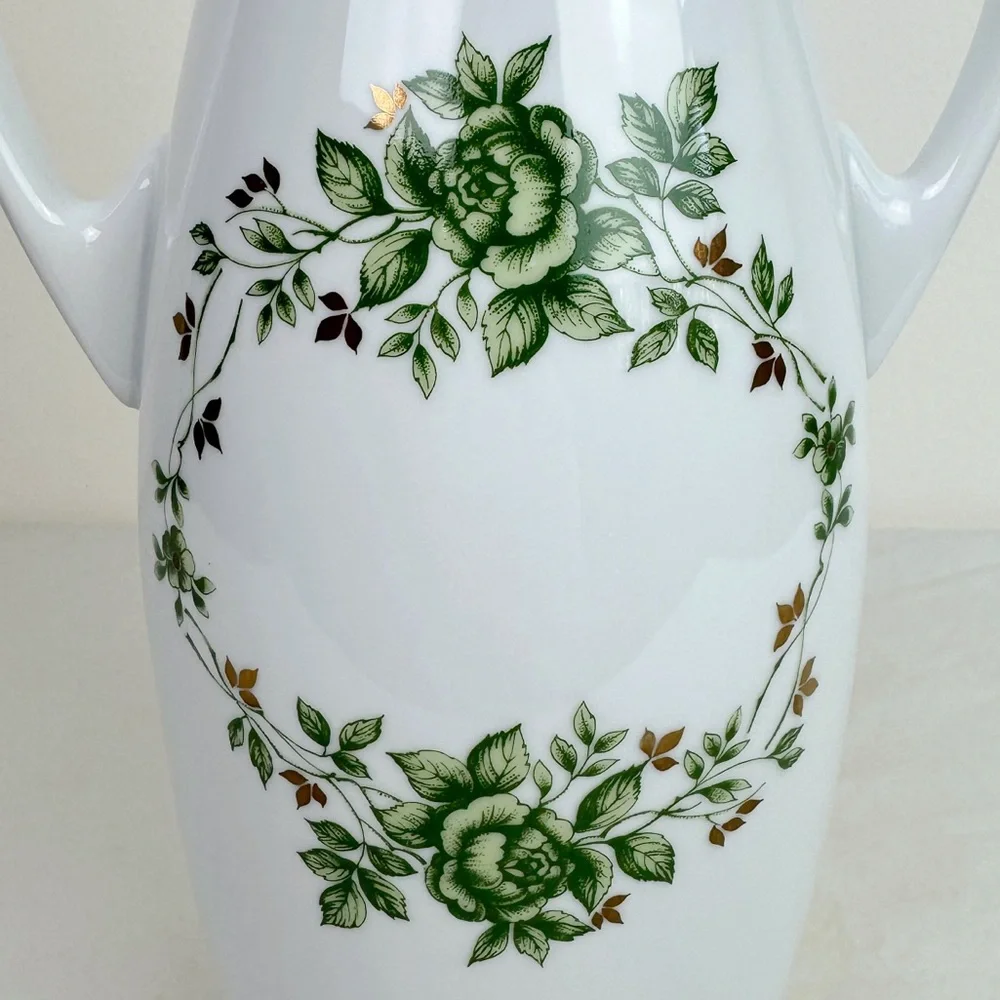 Hollohaza Hungary Erika Green Floral Handled Porcelain Vase